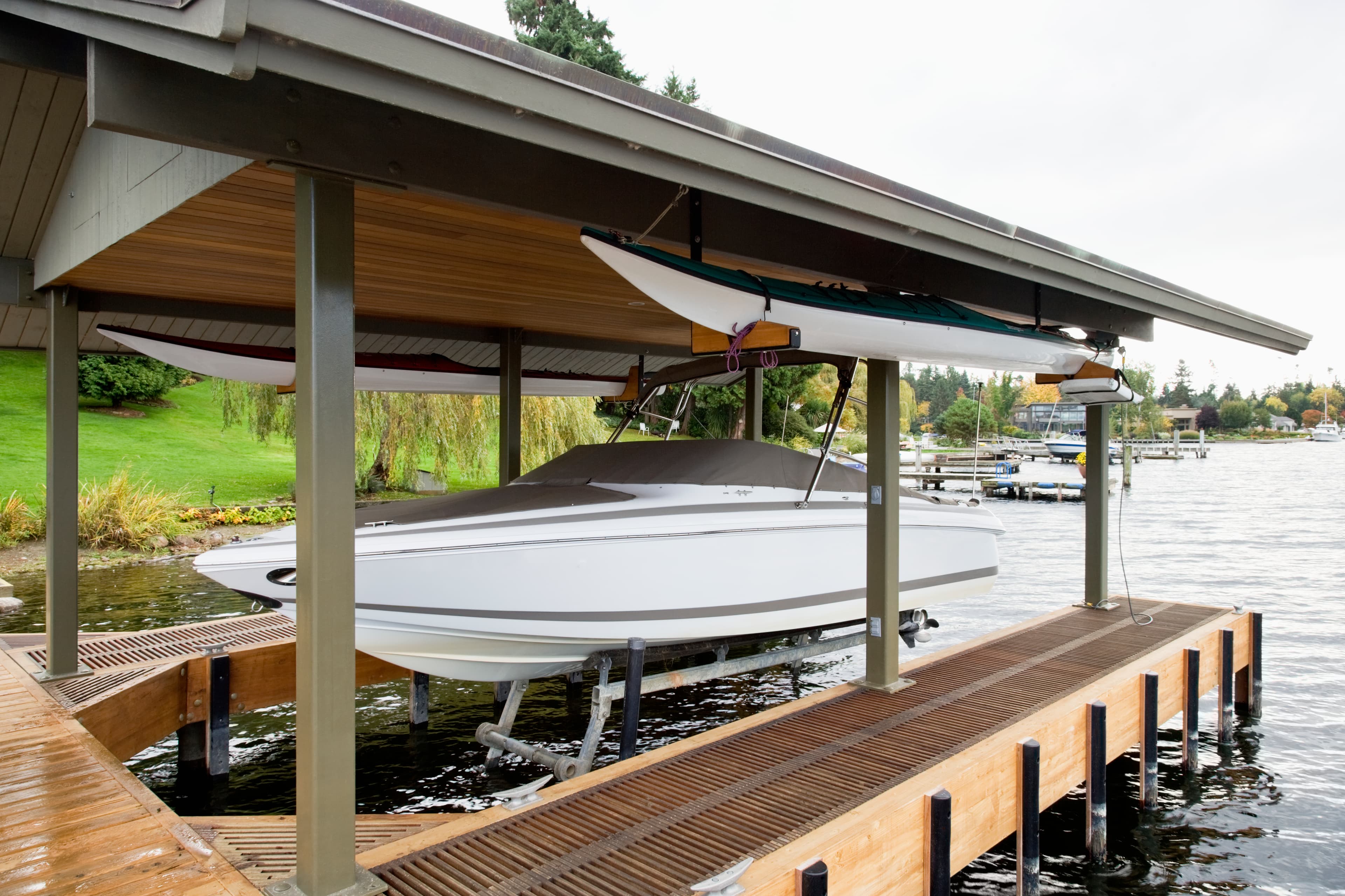 Custom residential boat dock on a lake
